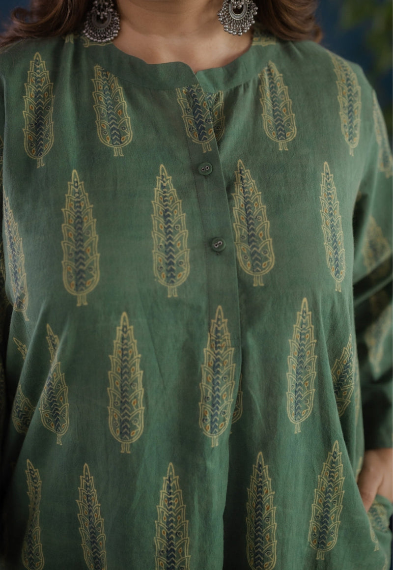 Harshi Green Ajrakh Cotton Straight Kurta