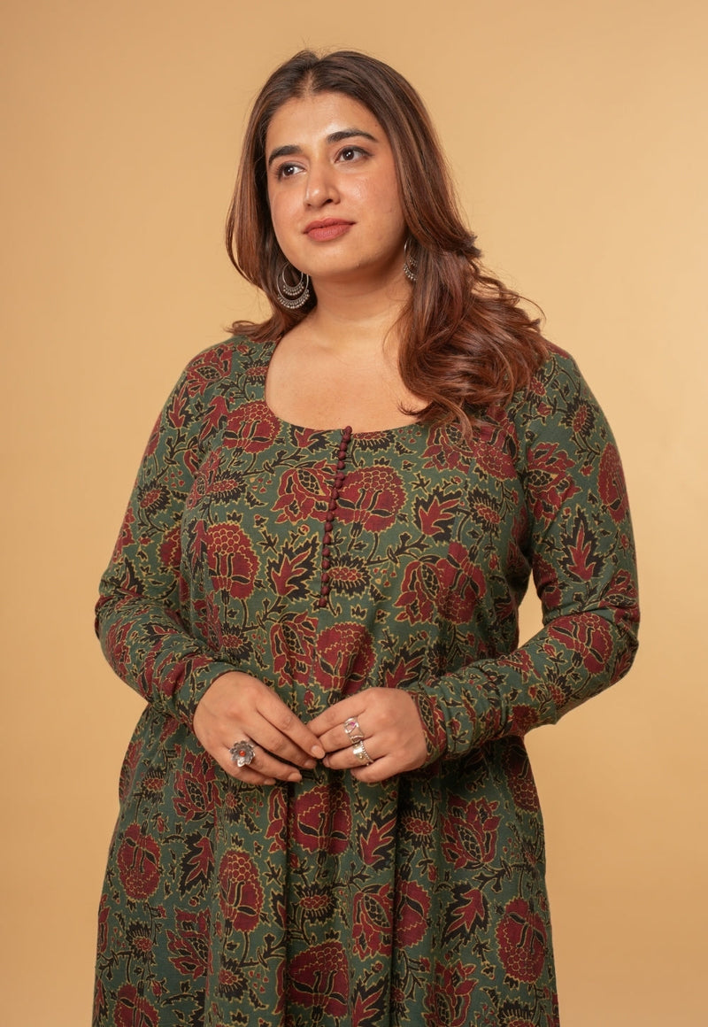 Akrita Green Dabu Slub Cotton Kali Kurta
