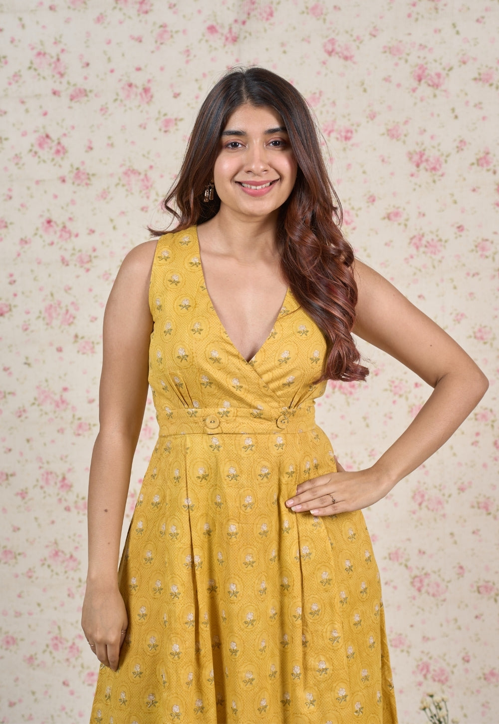 Jenny Yellow Sanganeri Mul Cotton A Line Dress