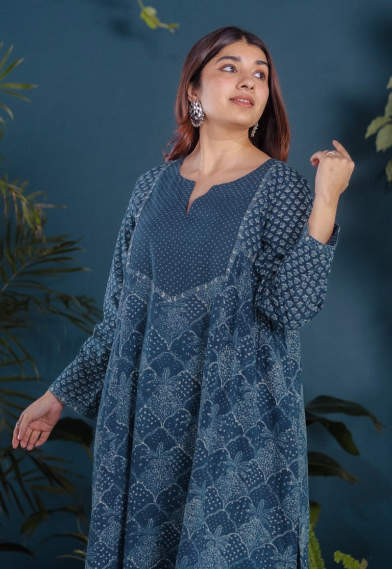Raunak Blue Ajrakh Cotton Kali Kurta