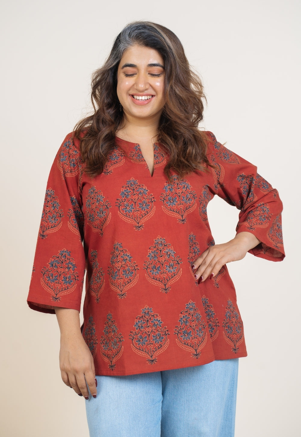 Anvi Red Ajrakh Cotton Straight Short Top