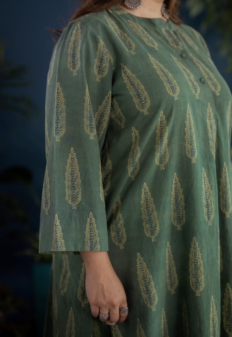 Harshi Green Ajrakh Cotton Straight Kurta