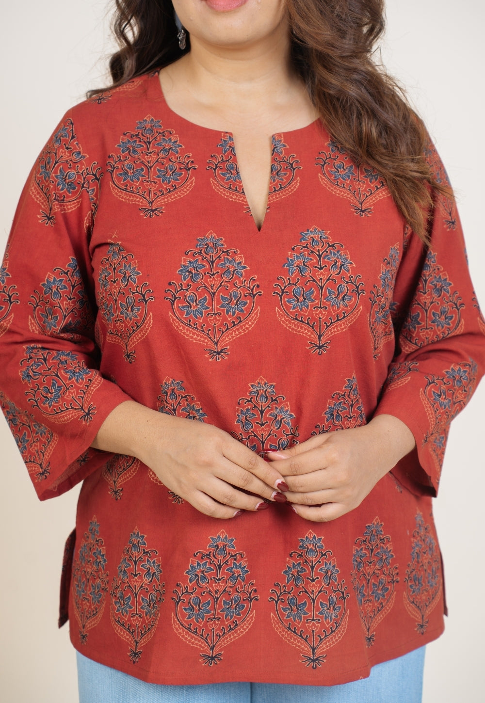 Anvi Red Ajrakh Cotton Straight Short Top