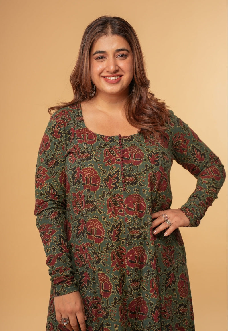 Akrita Green Dabu Slub Cotton Kali Kurta