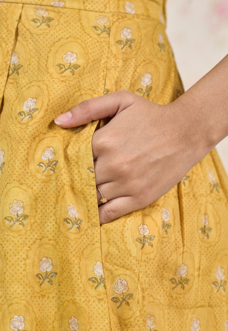 Jenny Yellow Sanganeri Mul Cotton A Line Dress