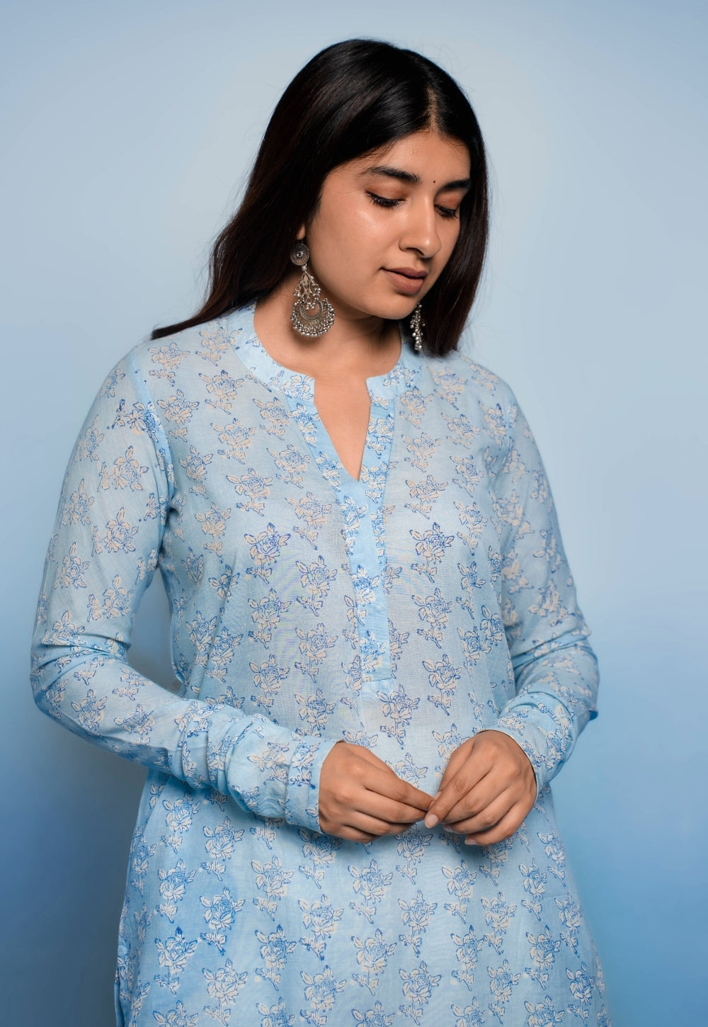 Tanya Blue Dabu Mul Cotton Straight Kurta