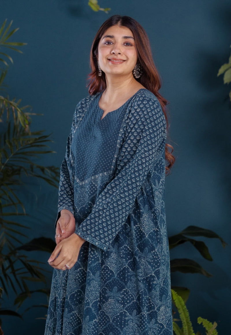 Raunak Blue Ajrakh Cotton Kali Kurta