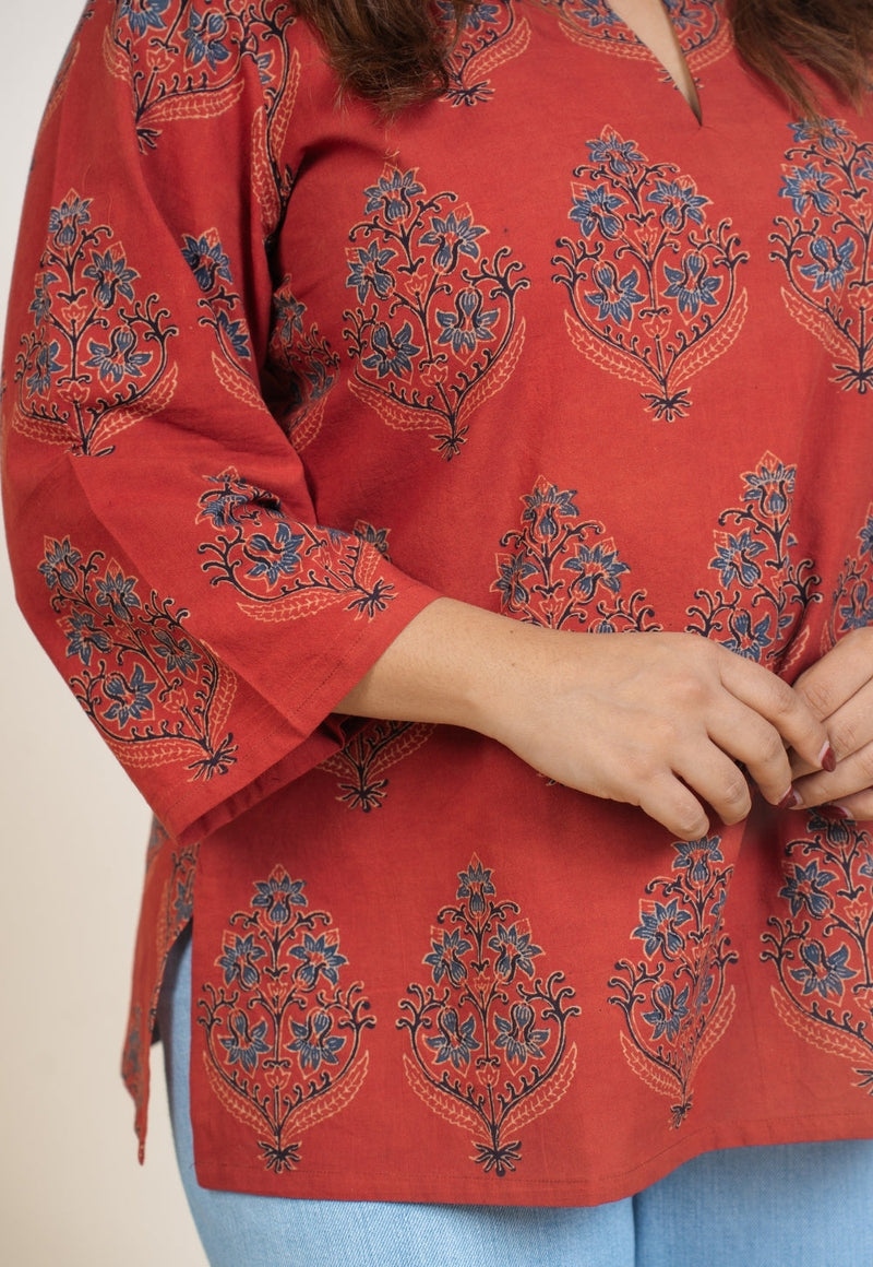 Anvi Red Ajrakh Cotton Straight Short Top