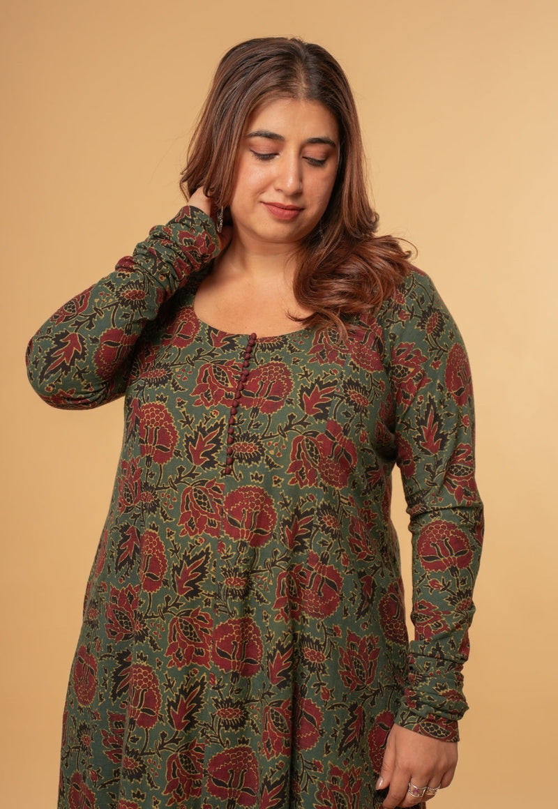 Akrita Green Dabu Slub Cotton Kali Kurta