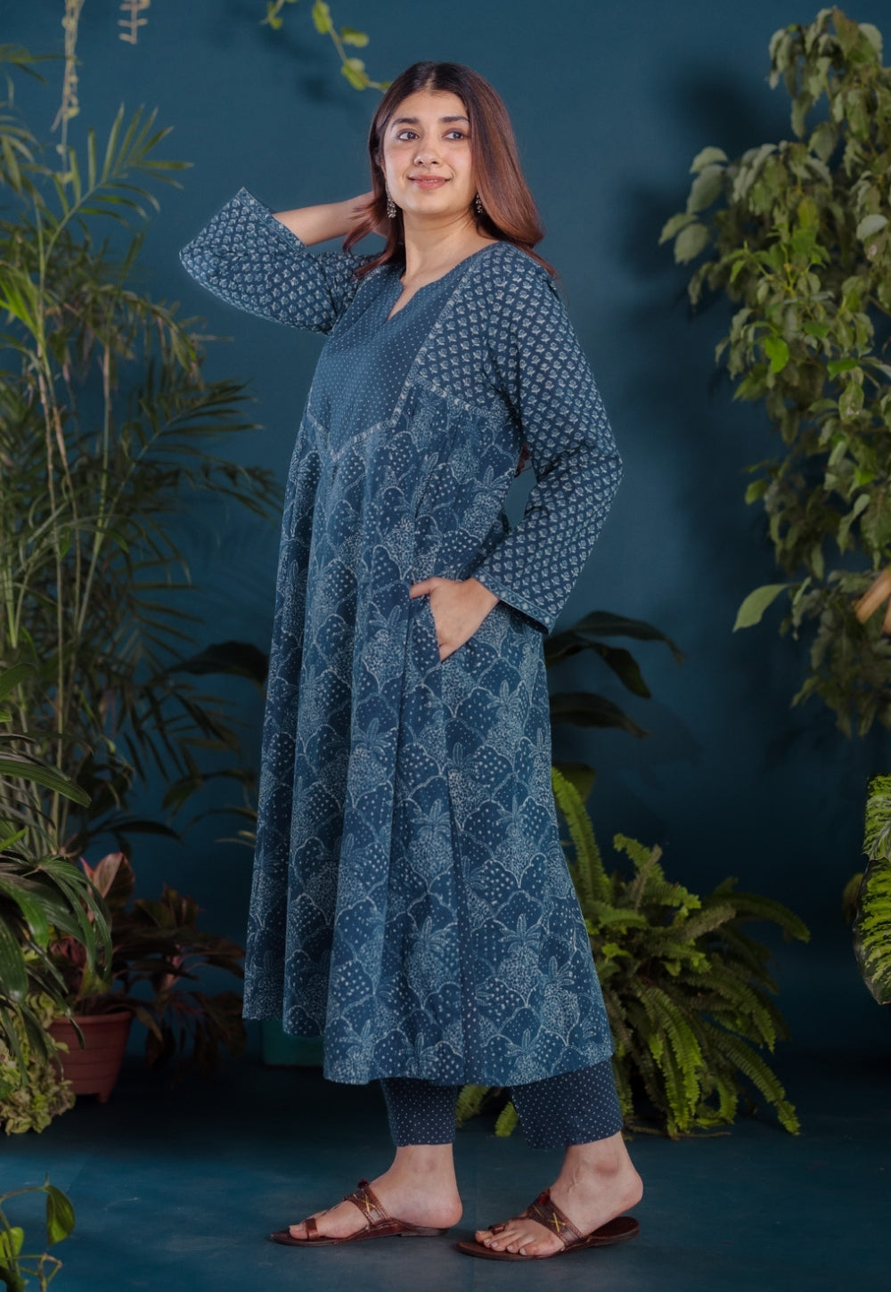 Raunak Blue Ajrakh Cotton Kali Kurta