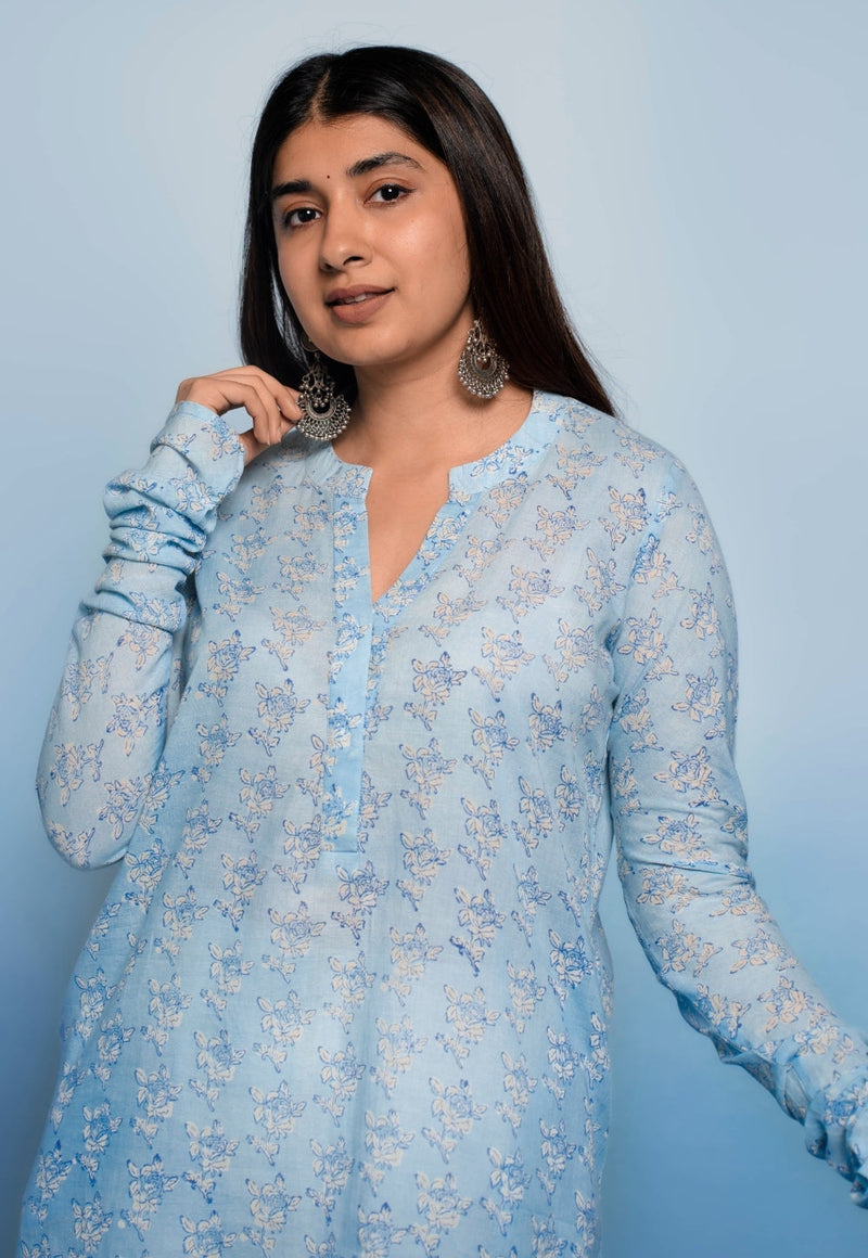 Tanya Blue Dabu Mul Cotton Straight Kurta