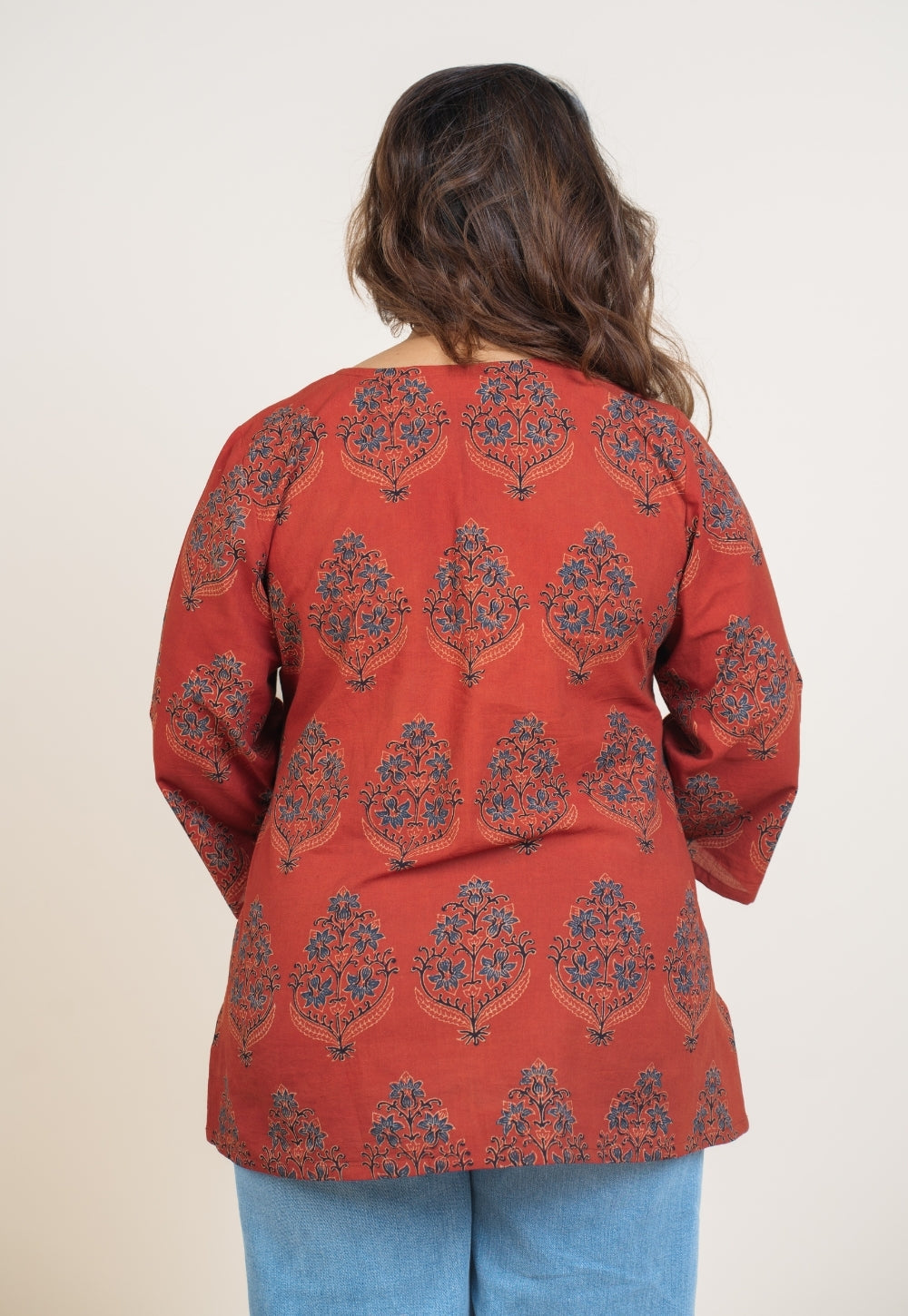 Anvi Red Ajrakh Cotton Straight Short Top