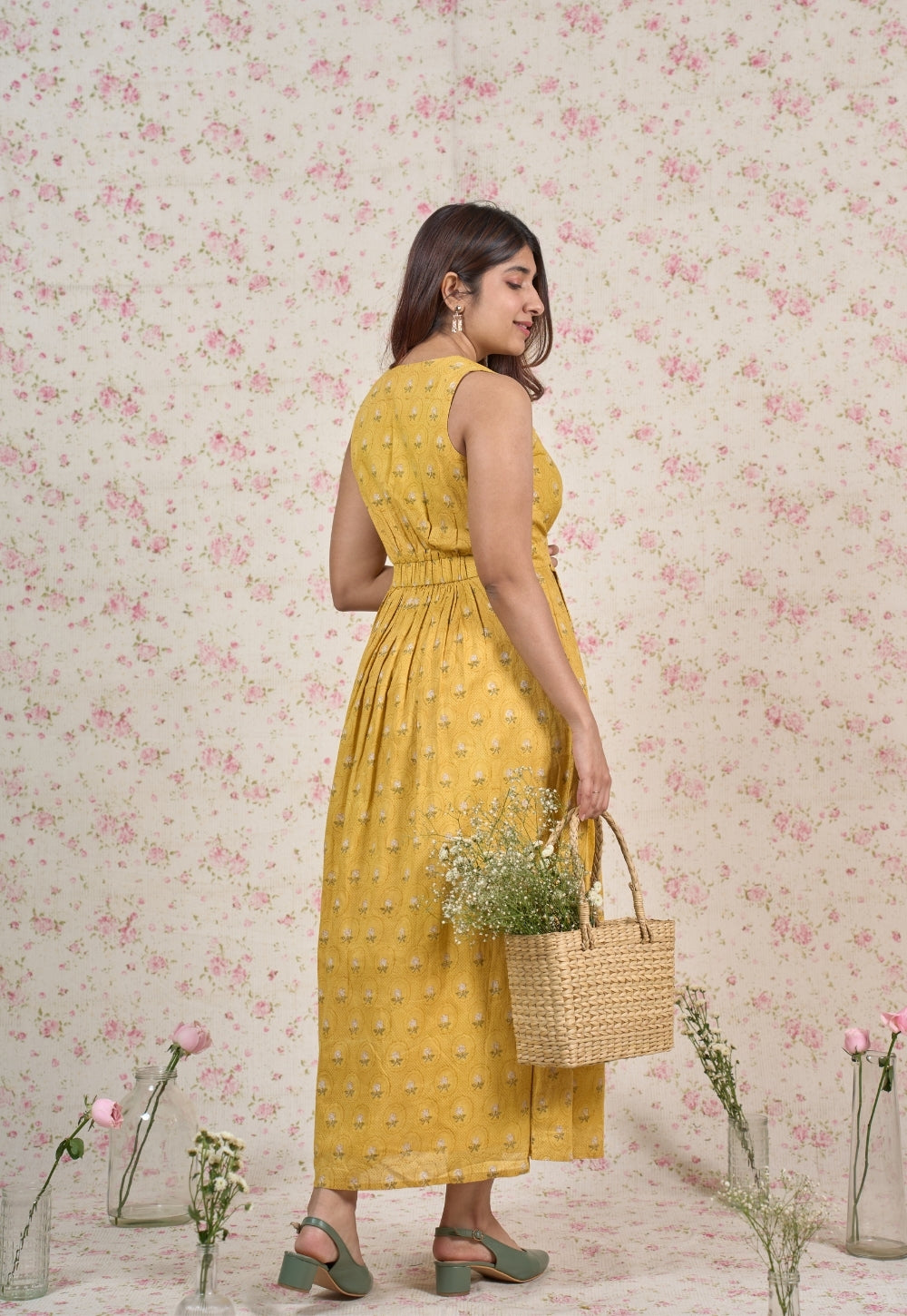 Jenny Yellow Sanganeri Mul Cotton A Line Dress