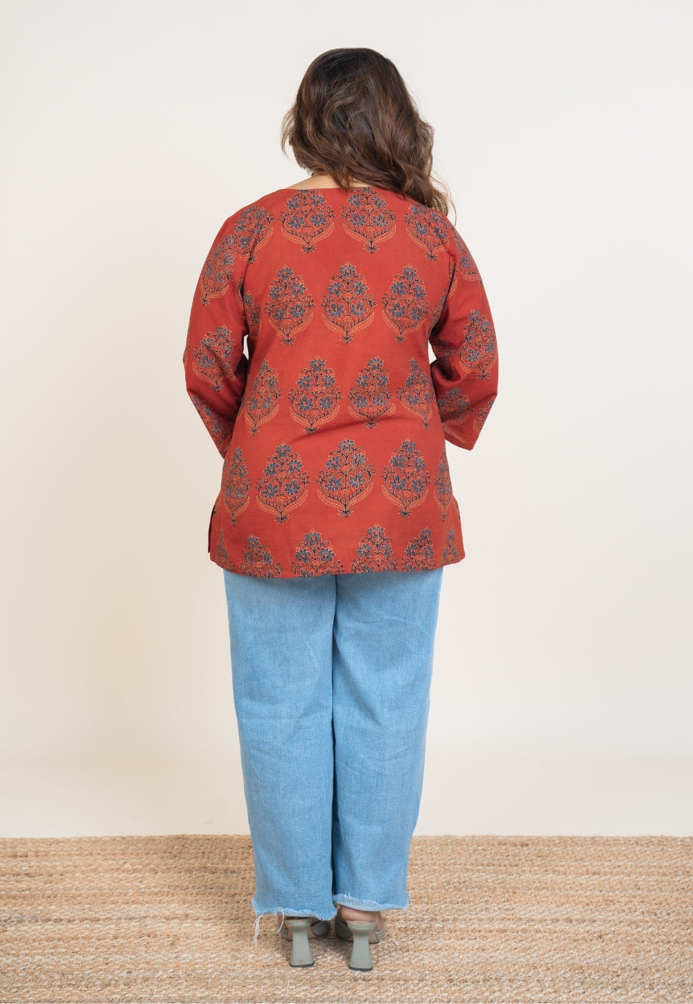 Anvi Red Ajrakh Cotton Straight Short Top