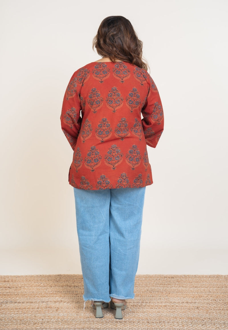 Anvi Red Ajrakh Cotton Straight Short Top