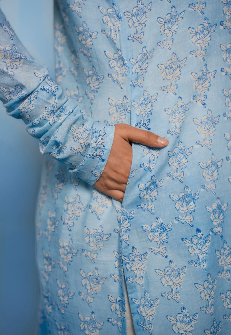 Tanya Blue Dabu Mul Cotton Straight Kurta