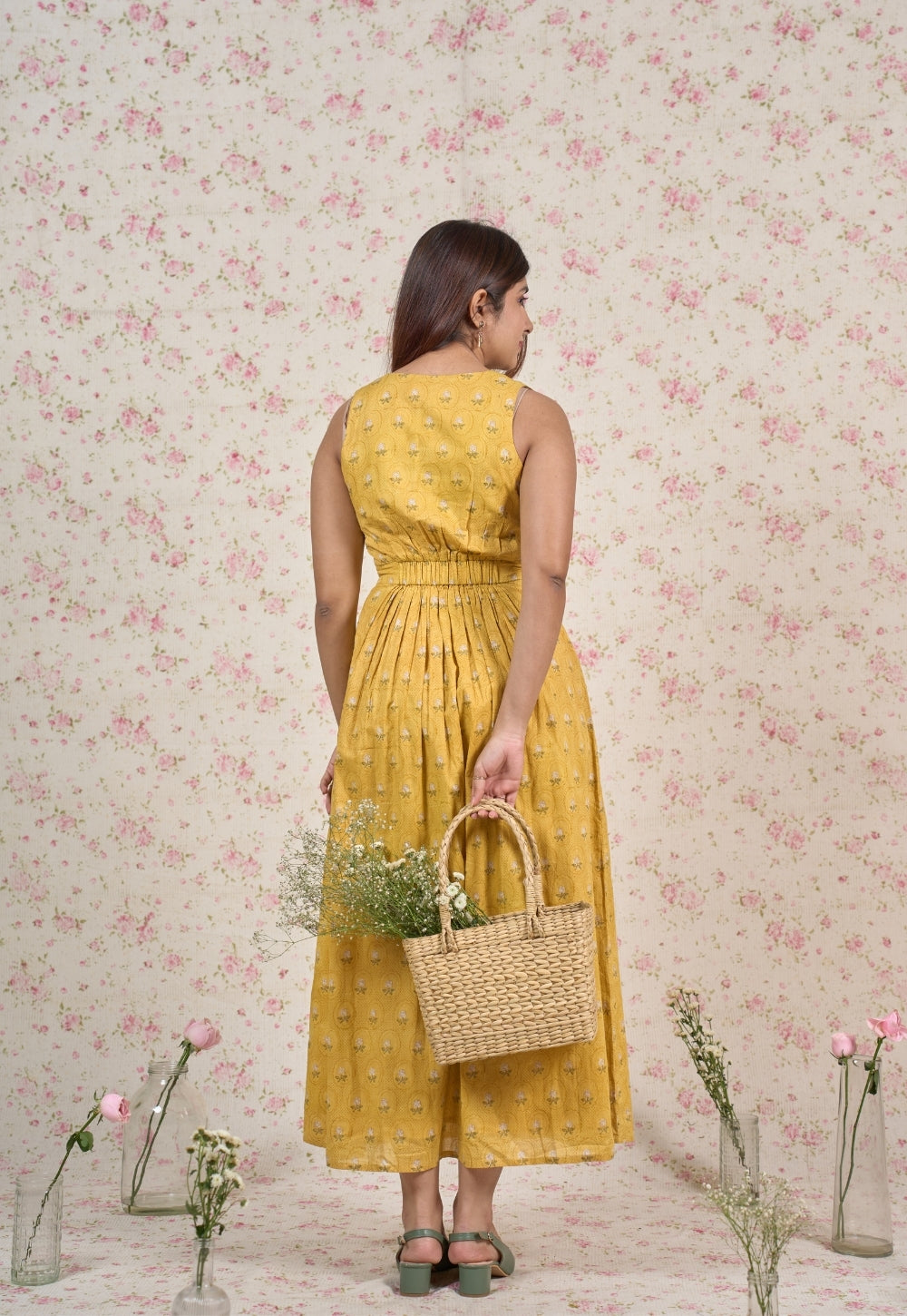 Jenny Yellow Sanganeri Mul Cotton A Line Dress