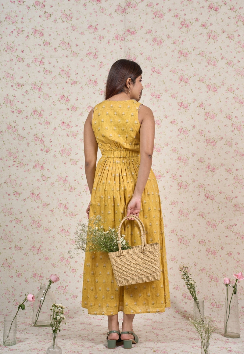 Jenny Yellow Sanganeri Mul Cotton A Line Dress
