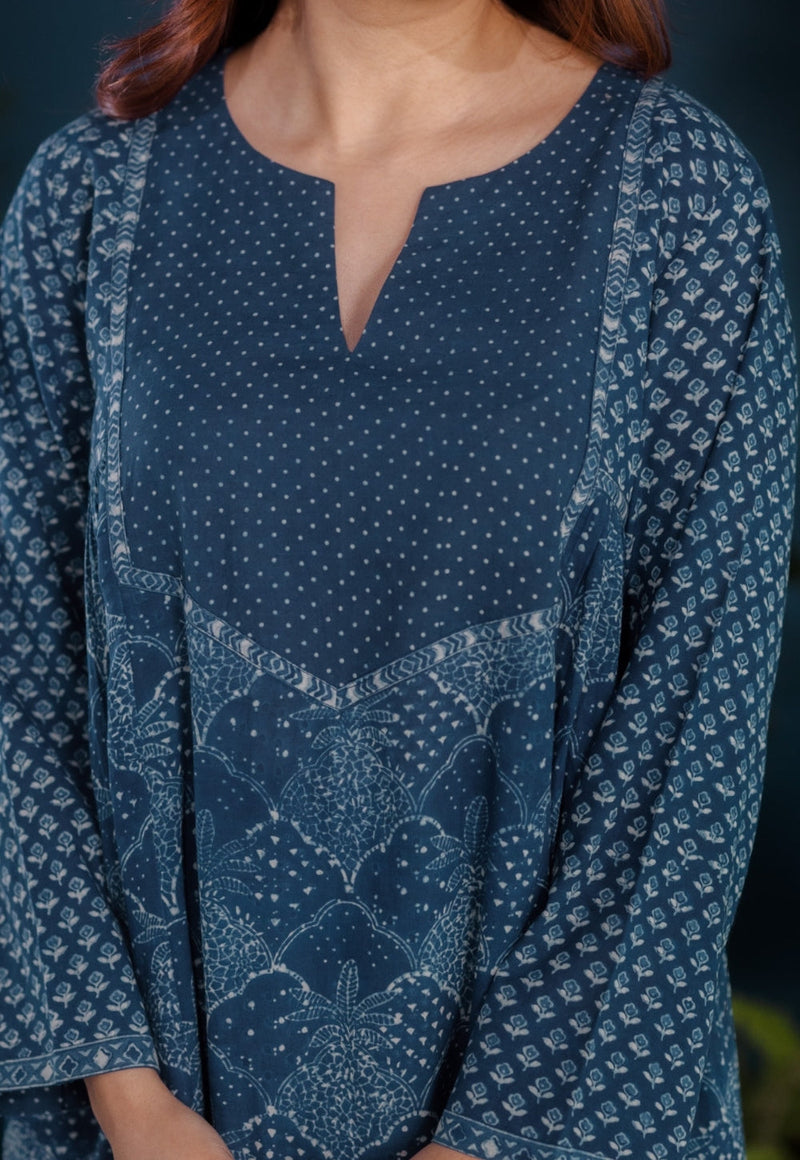 Raunak Blue Ajrakh Cotton Kali Kurta