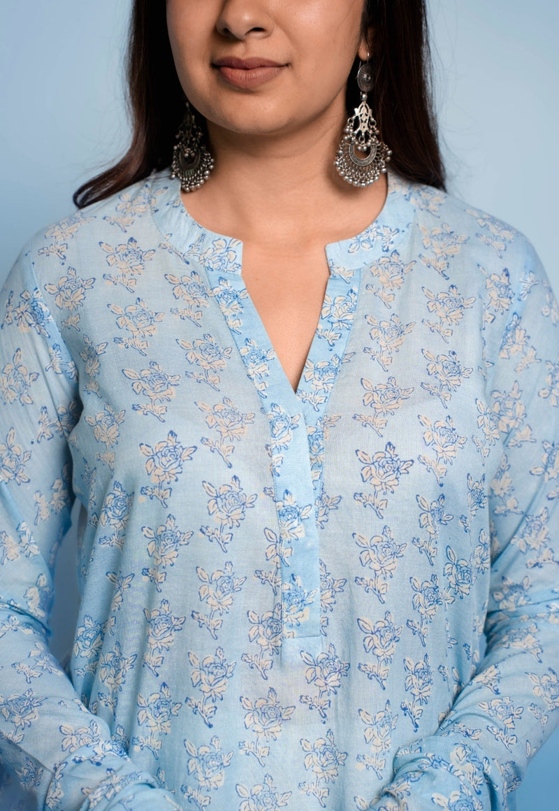 Tanya Blue Dabu Mul Cotton Straight Kurta
