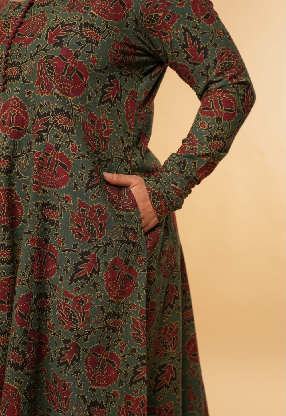 Akrita Green Dabu Slub Cotton Kali Kurta