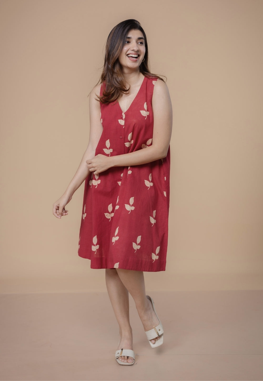 Siaa Red Dabu Slub Cotton A Line Dress