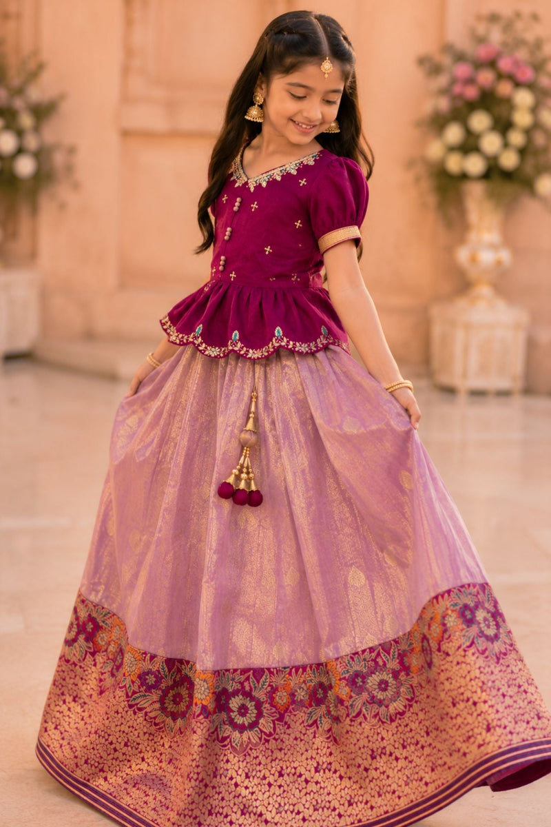 Wine Embroidered Pattu Pavadai Set with Zari Work For Girls
