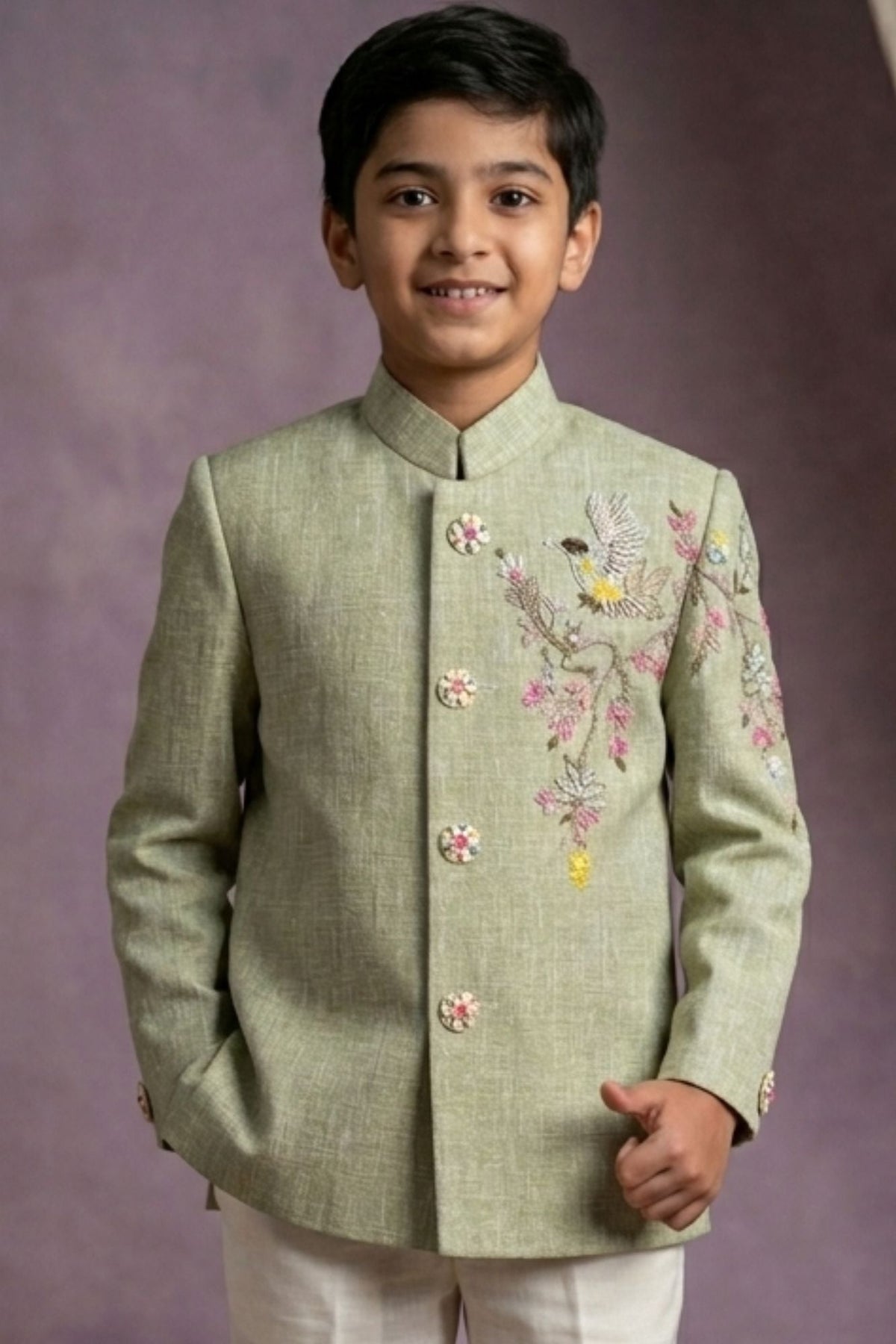 Pista Green Jodhpuri Suit With Bird Embroidery And Floral Detailing For Boys