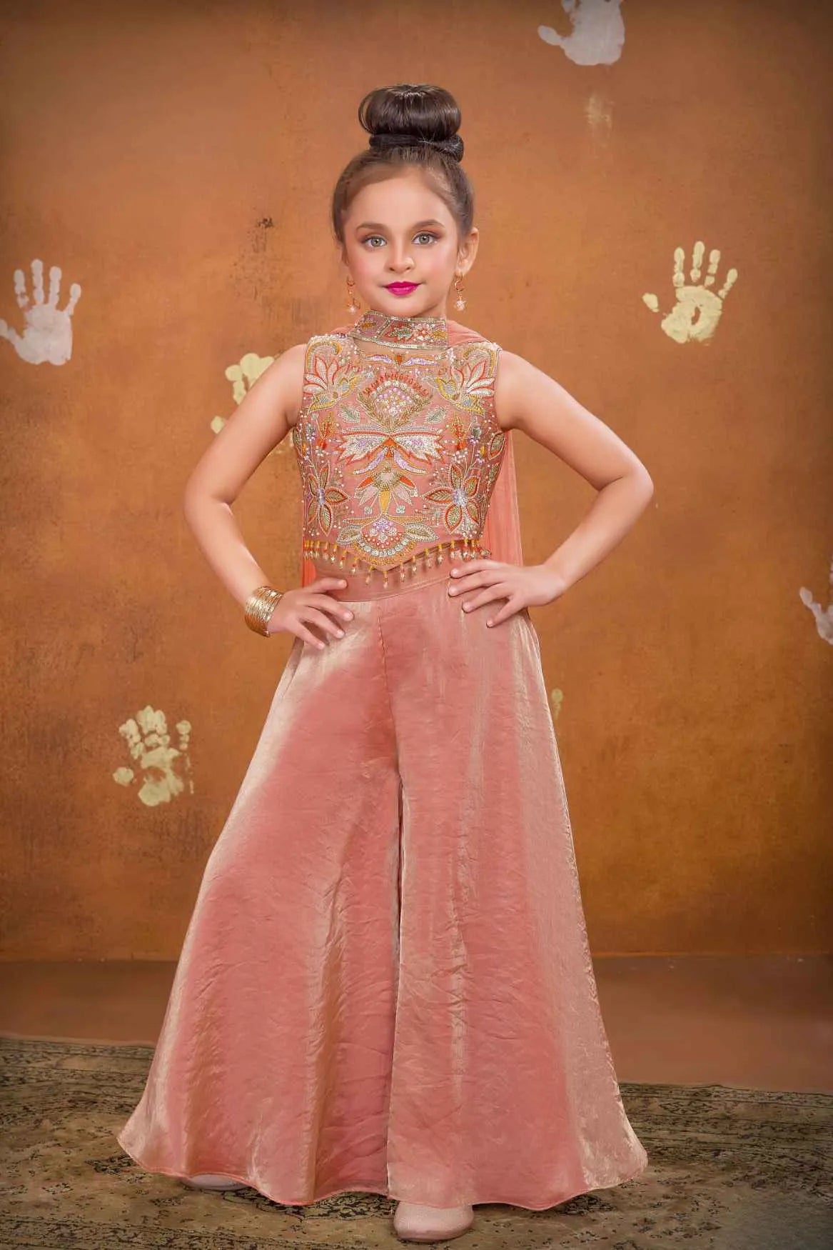 Peach Embroidered Palazzo Set For Girls