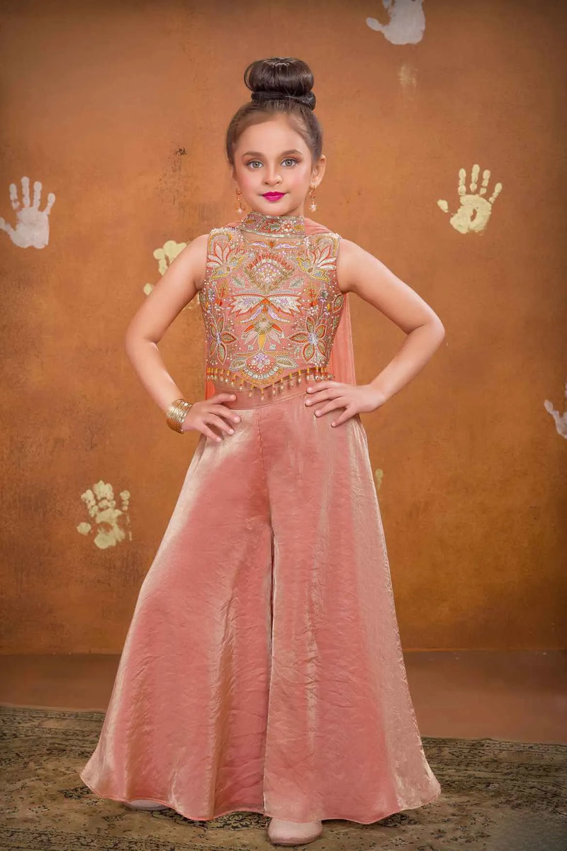 Peach Embroidered Palazzo Set For Girls