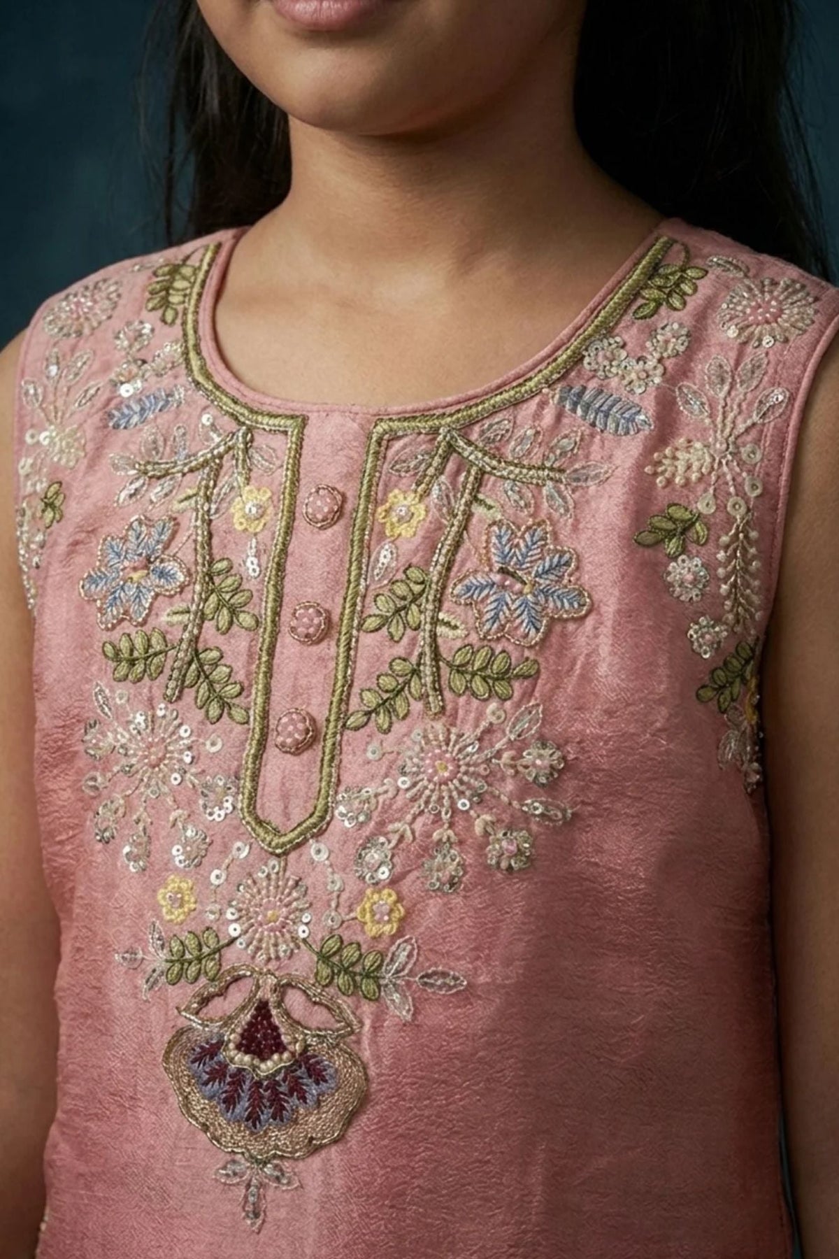 Girls Dusty Pink Embroidered Top with Flared Lehenga Set