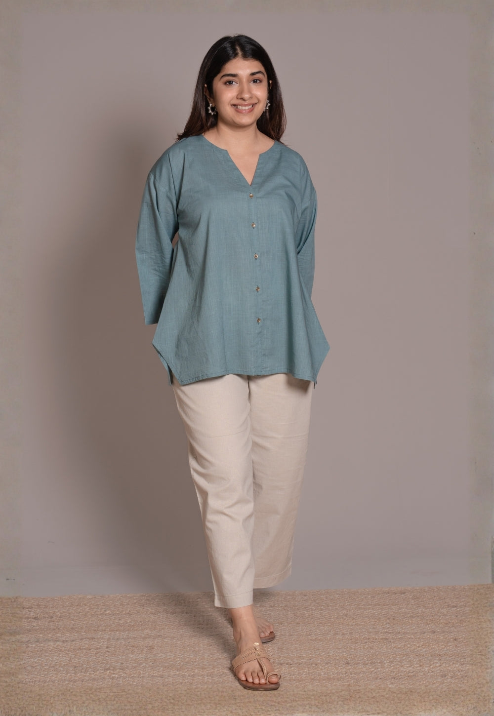 Light Blue Solid Slub Cotton Straight Short Top - DyeVerse