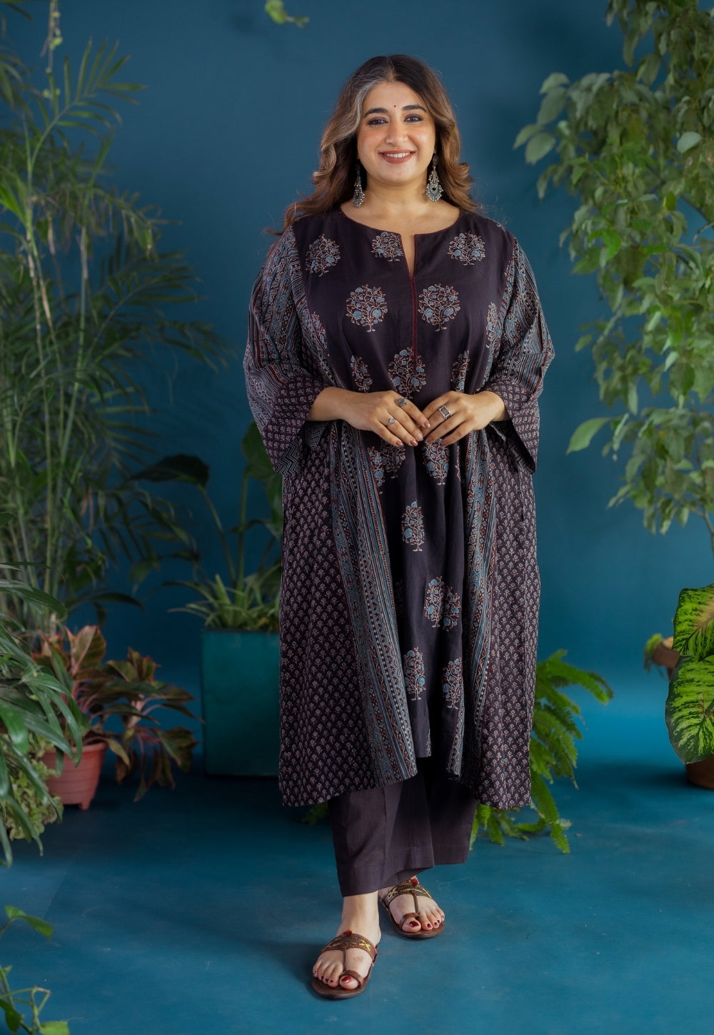 Garima Black Ajrakh Cotton Jhabbha Kali Kurta with Hand Embroidery