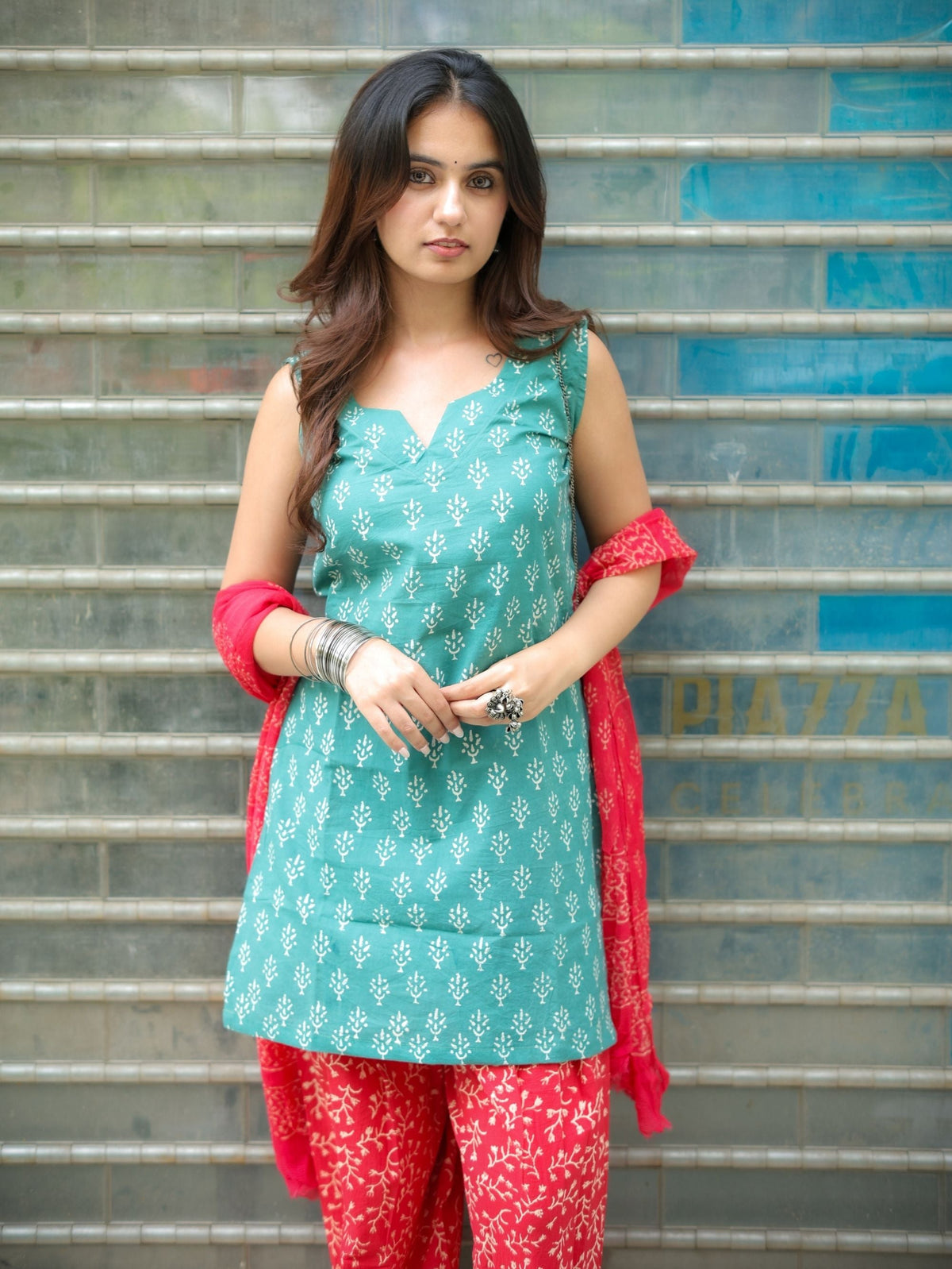 Ruby Sage Green & Red Farshi Salwar Set with cotton Dupatta
