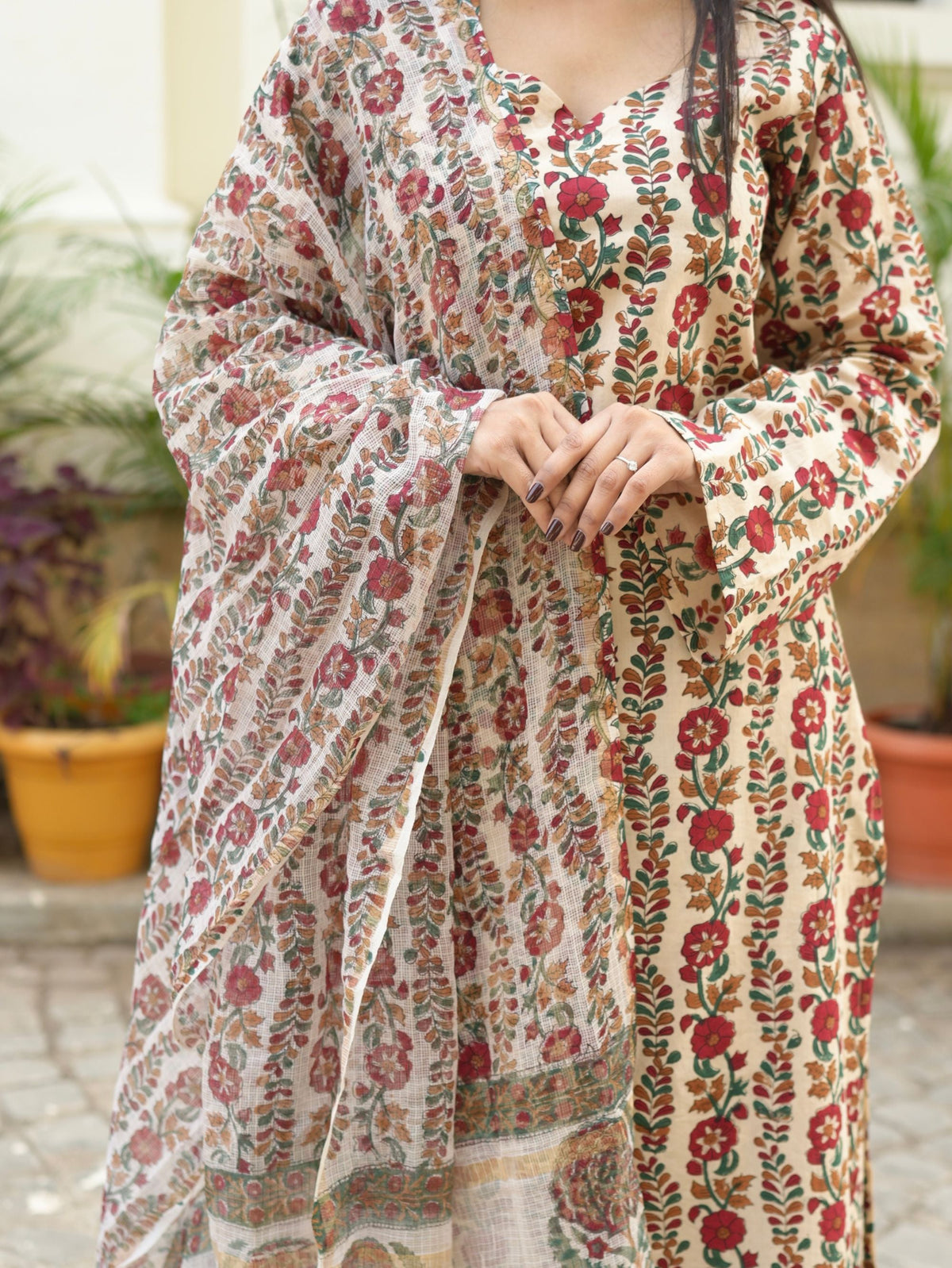 Biba Beige Handblock Cotton Straight Suit Set