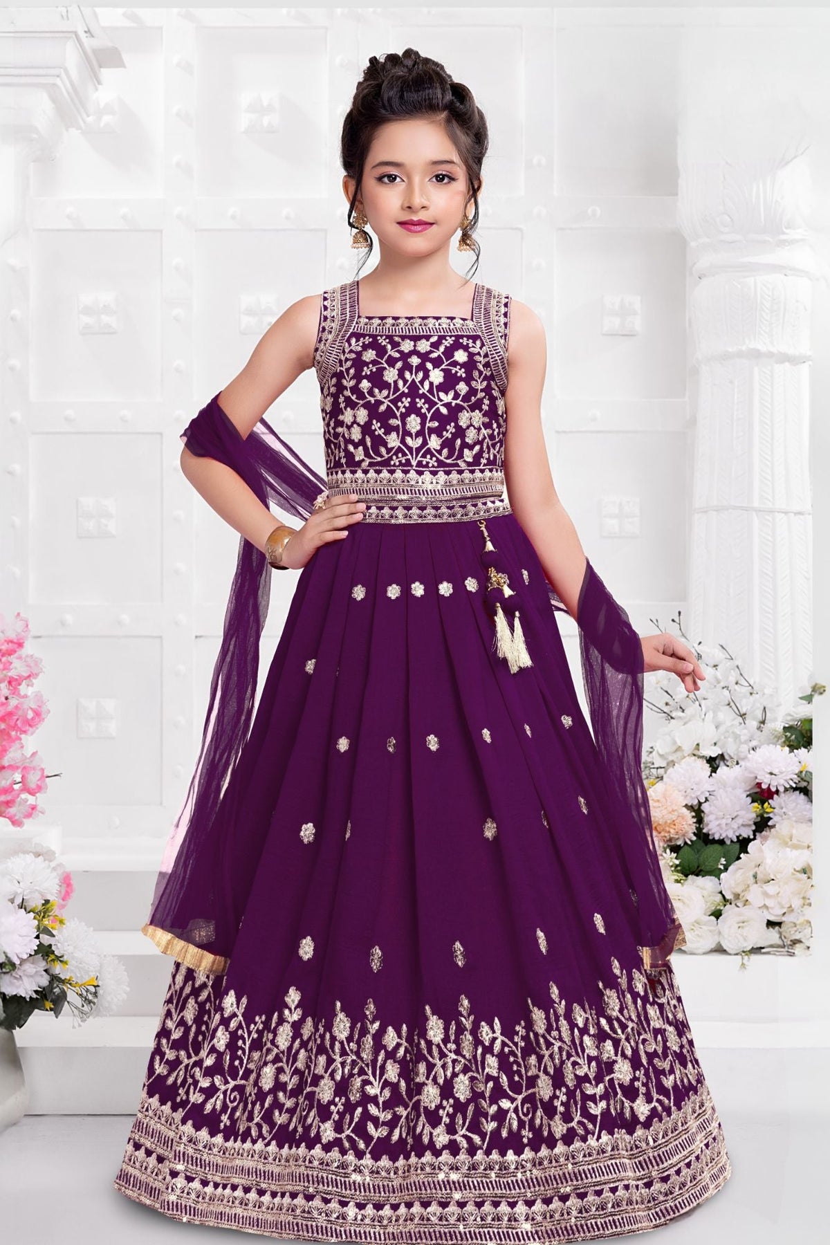 Purple Embroidered Lehenga Choli Set with Dupatta for Girls