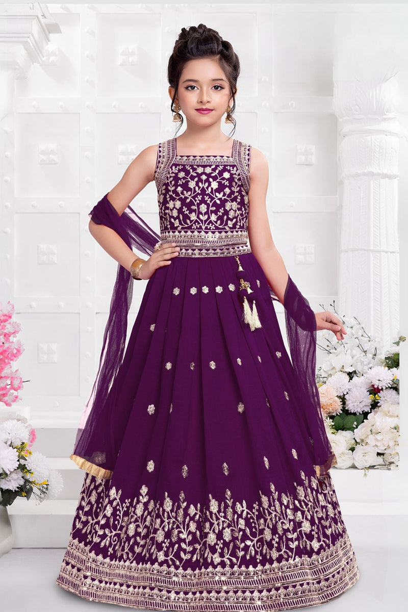 Purple Embroidered Lehenga Choli Set with Dupatta for Girls