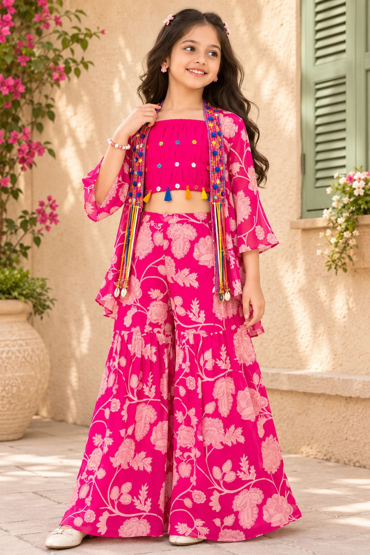 Pink Printed Co-Ord Set With Embellished Overcoat For Girls