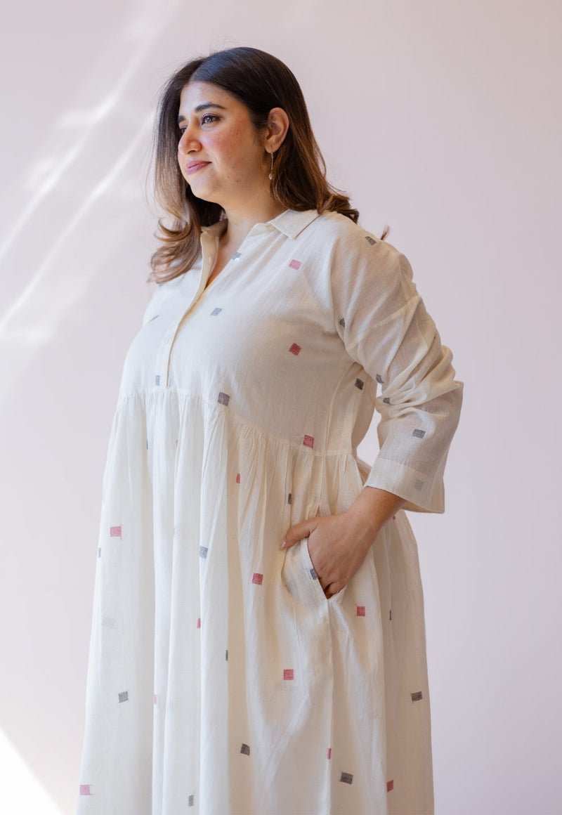 Rhea Off White Jamdani Handloom Cotton A Line Dress