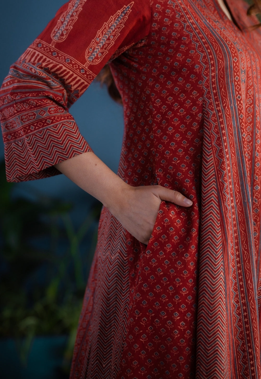 Pranika Red Ajrakh Cotton Kali Kurta with Hand Embroidery