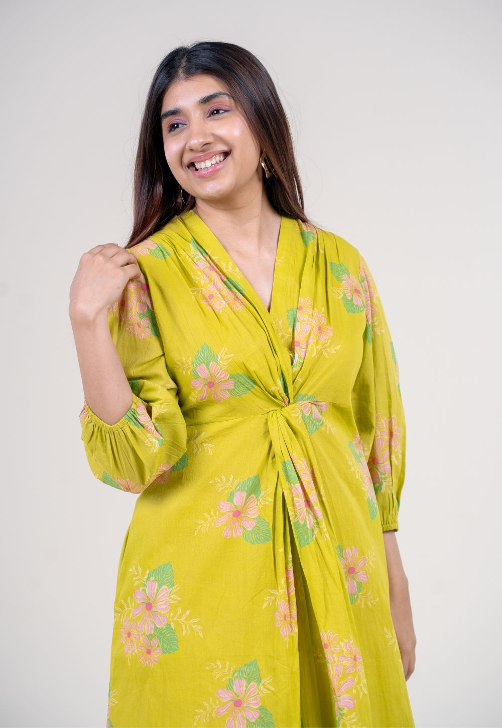 Payal Lime Green Printed Mul A Line Dress with Slip