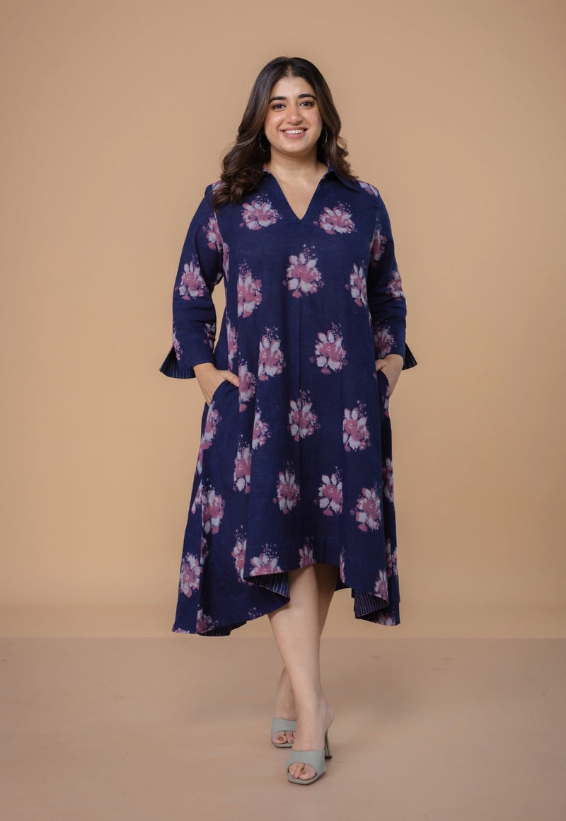 Mitali Purple Dabu Slub Cotton A Line Dress