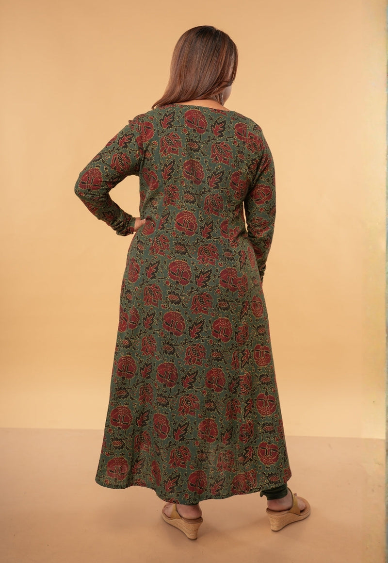 Akrita Green Dabu Slub Cotton Kali Kurta