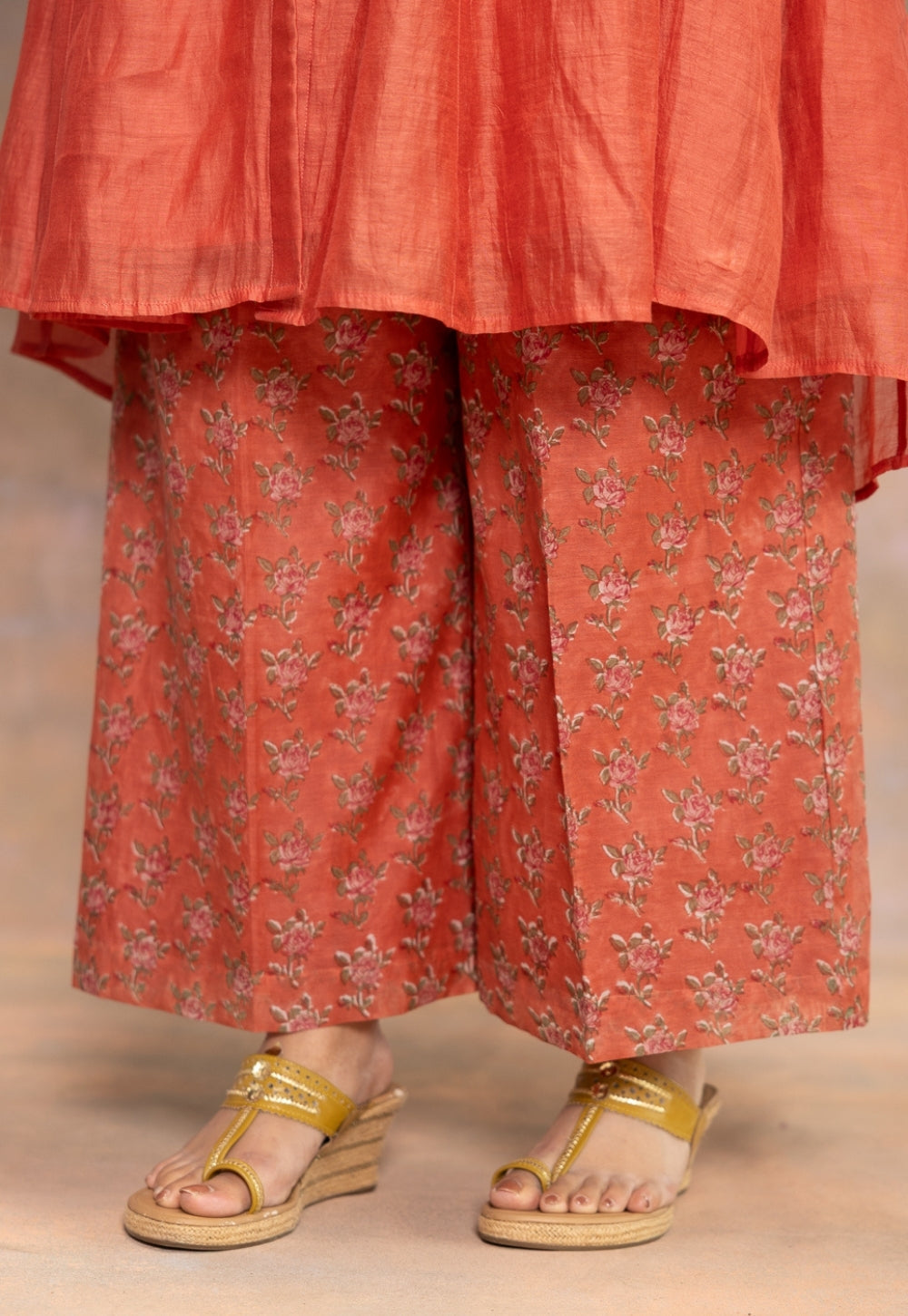 Rosa Orange Sanganeri Chanderi Silk Wide Pant