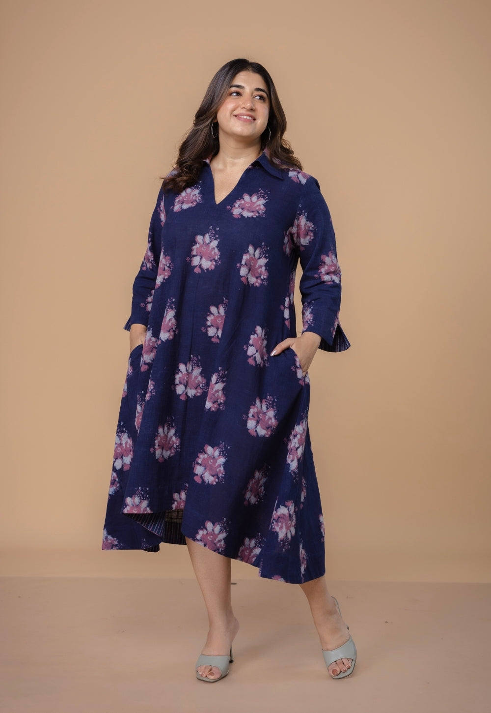 Mitali Purple Dabu Slub Cotton A Line Dress