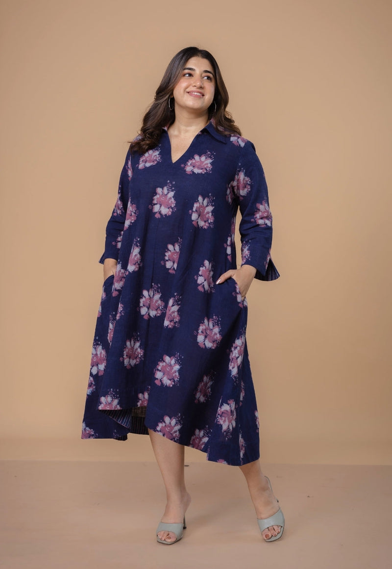 Mitali Purple Dabu Slub Cotton A Line Dress