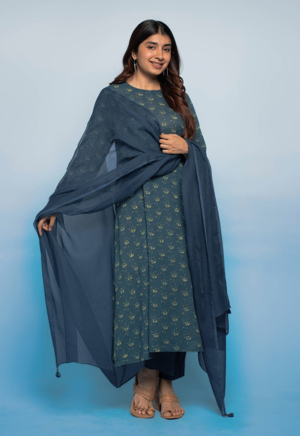 Tahira Teal Blue Dabu Mul Cotton A Line Kurta