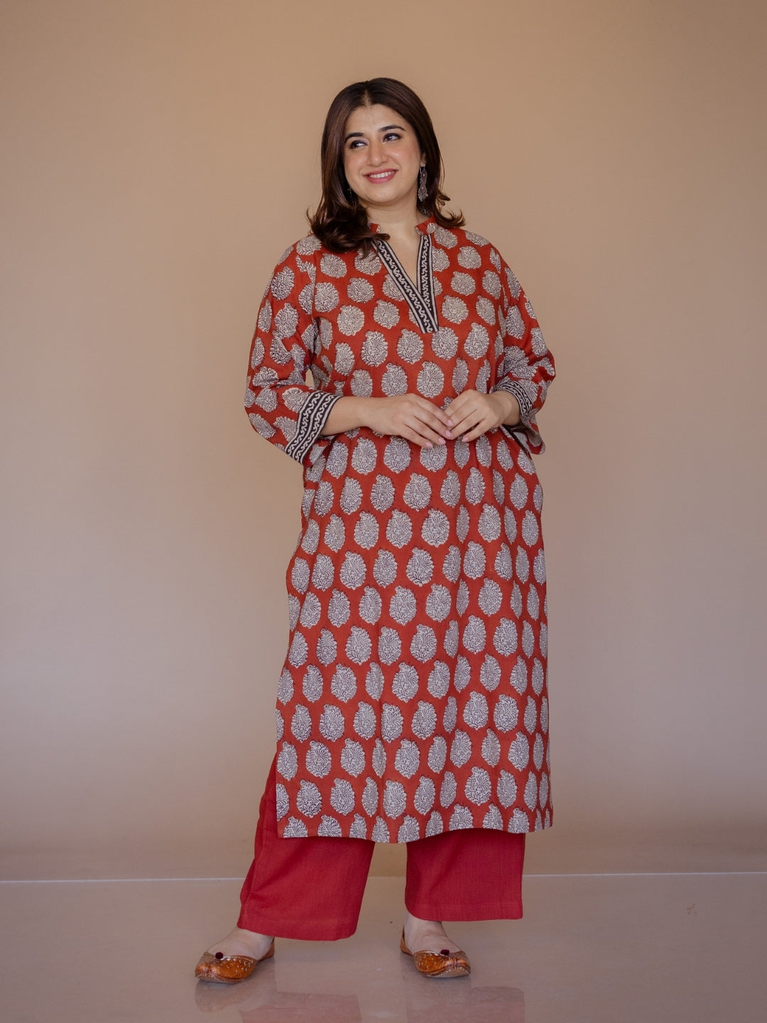 Dia Red Bagru Cotton Straight Kurta