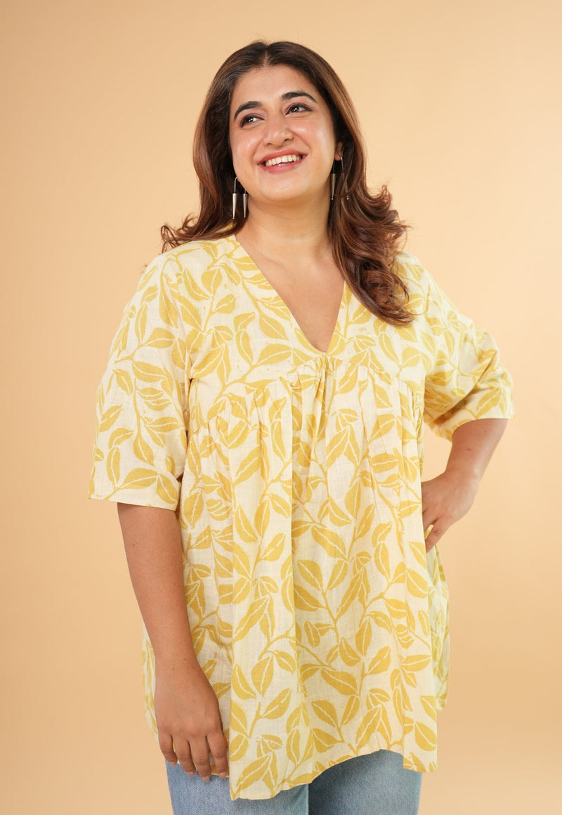 Purvi Yellow Hand Block Print Slub Cotton A Line Short Top