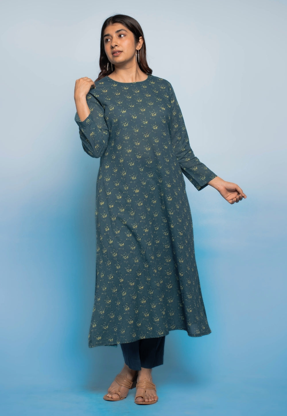 Tahira Teal Blue Dabu Mul Cotton A Line Kurta